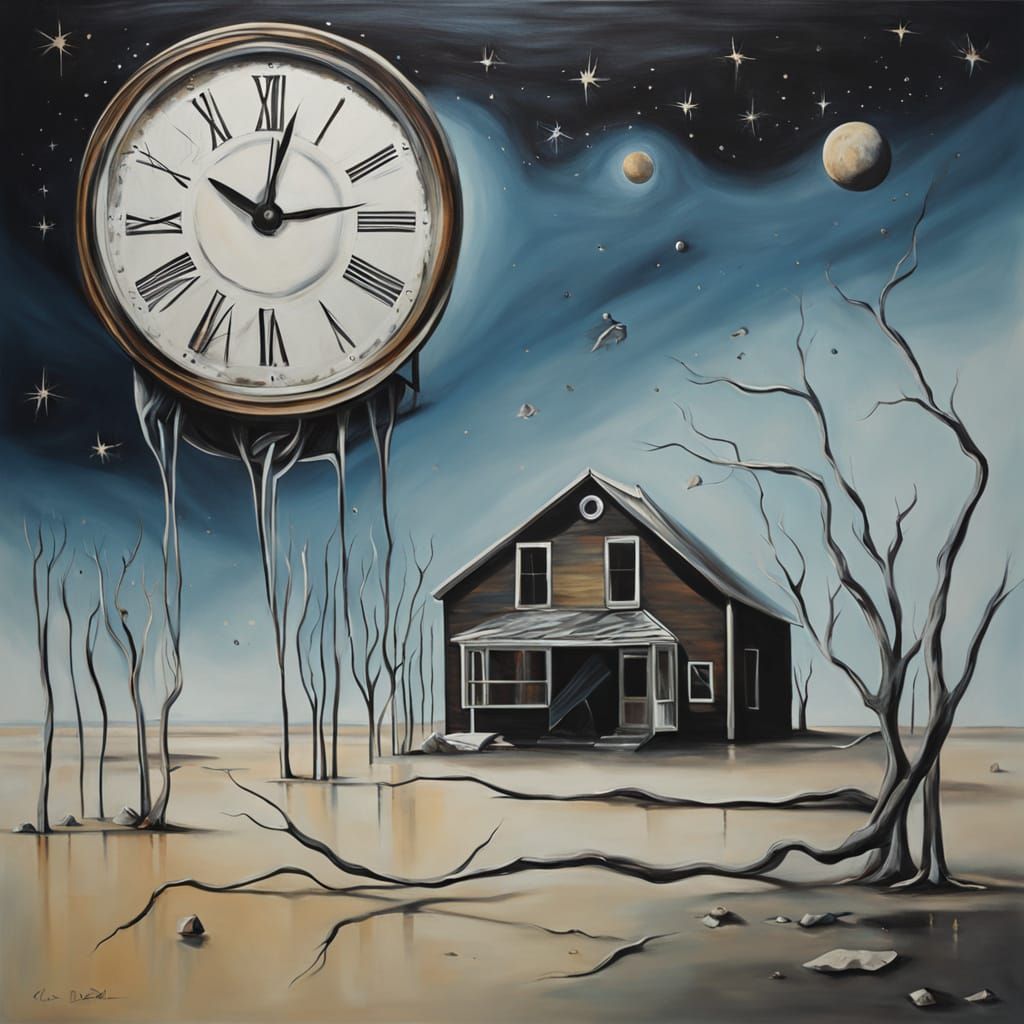 Skeletal Figure Dissolving into Stars in Dali Style