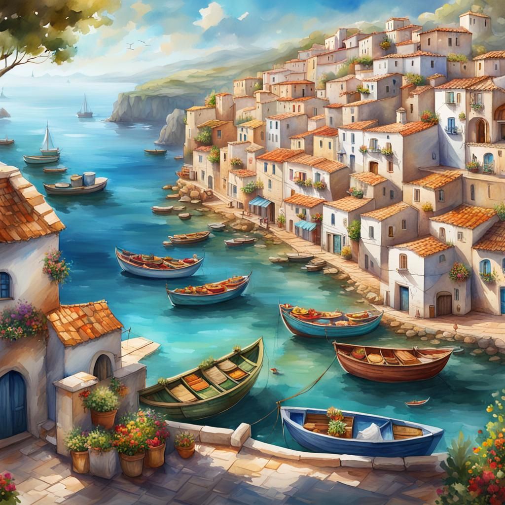 watercolor painting A charming coastal village on the Mediterranean, with white-washed buildings, colorful fishing boats...