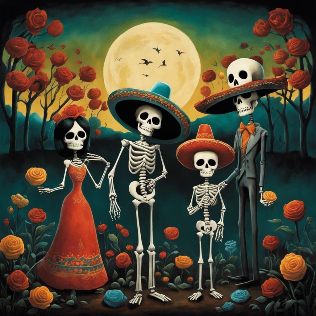Day of the Dead Skeletons in Graveyard