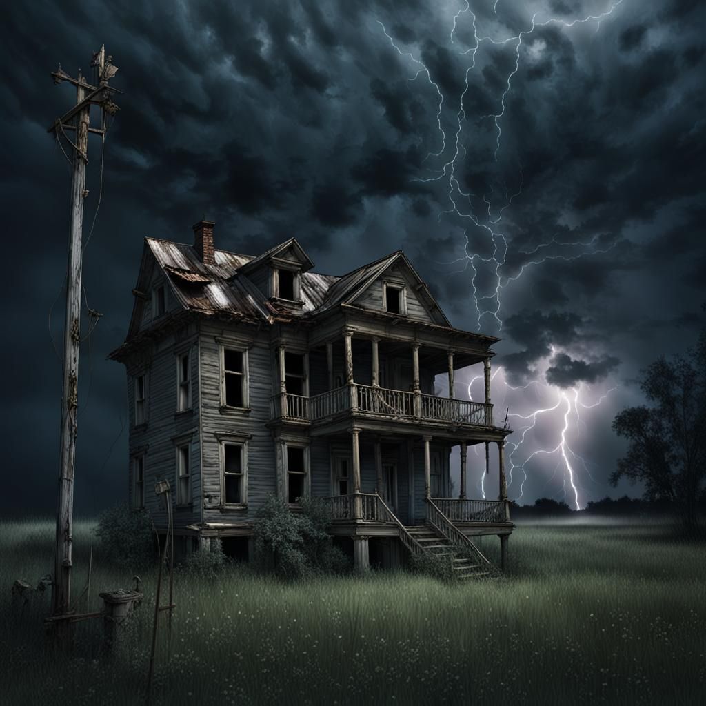 Haunted House with Skulls in a Thunderstorm