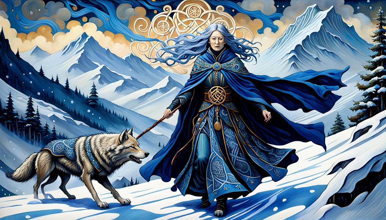 Cailleach Rides Winter Wolf: Akihiko Yoshida Oil Painting