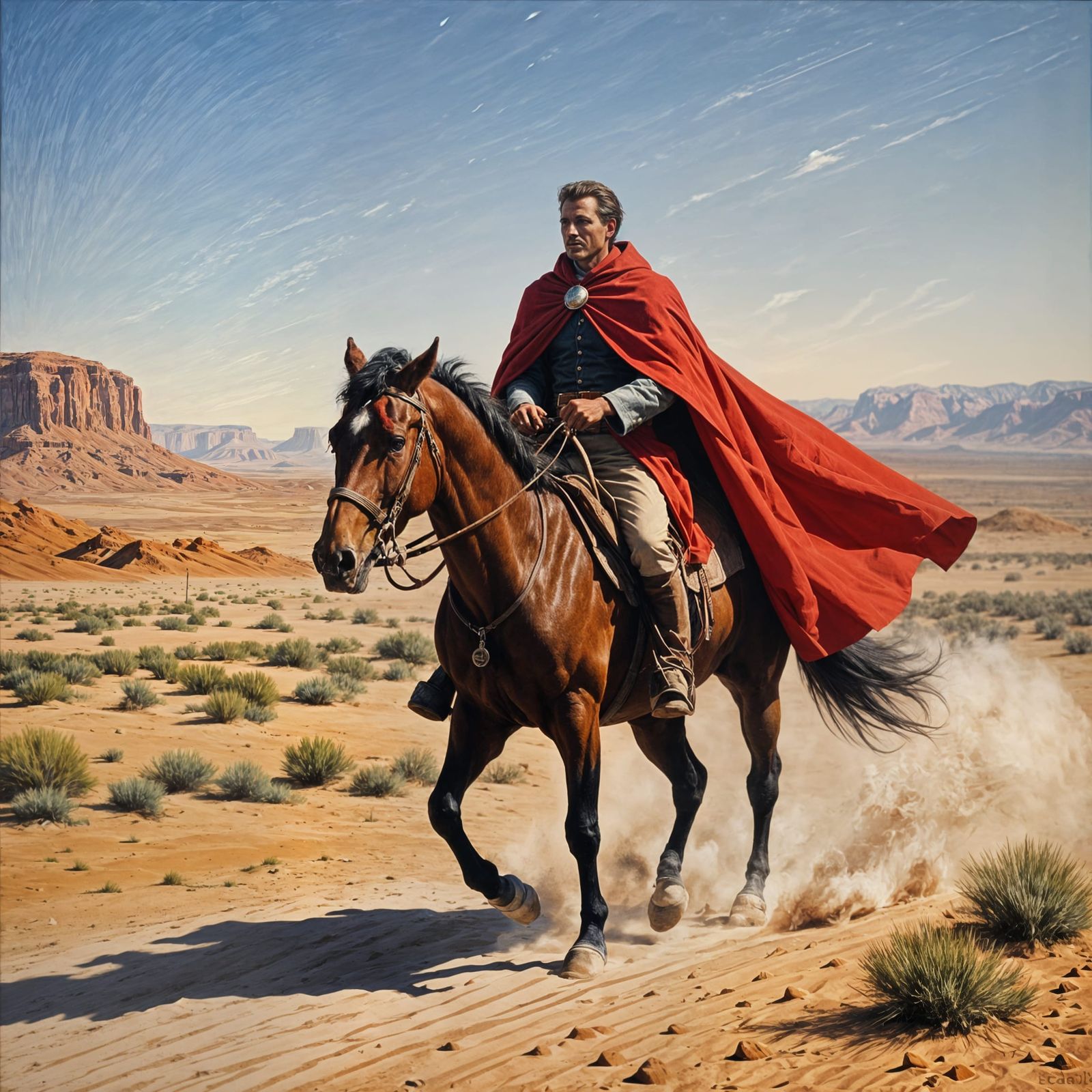 Desert Rider in Red Cape: A Vivid Painting