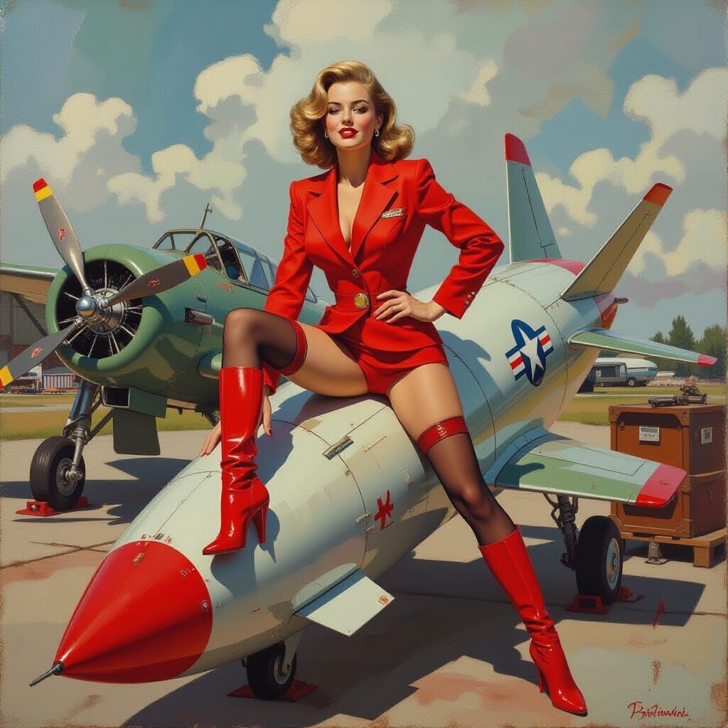 Pinup Girl on Rocket in Impasto Oil Painting Style
