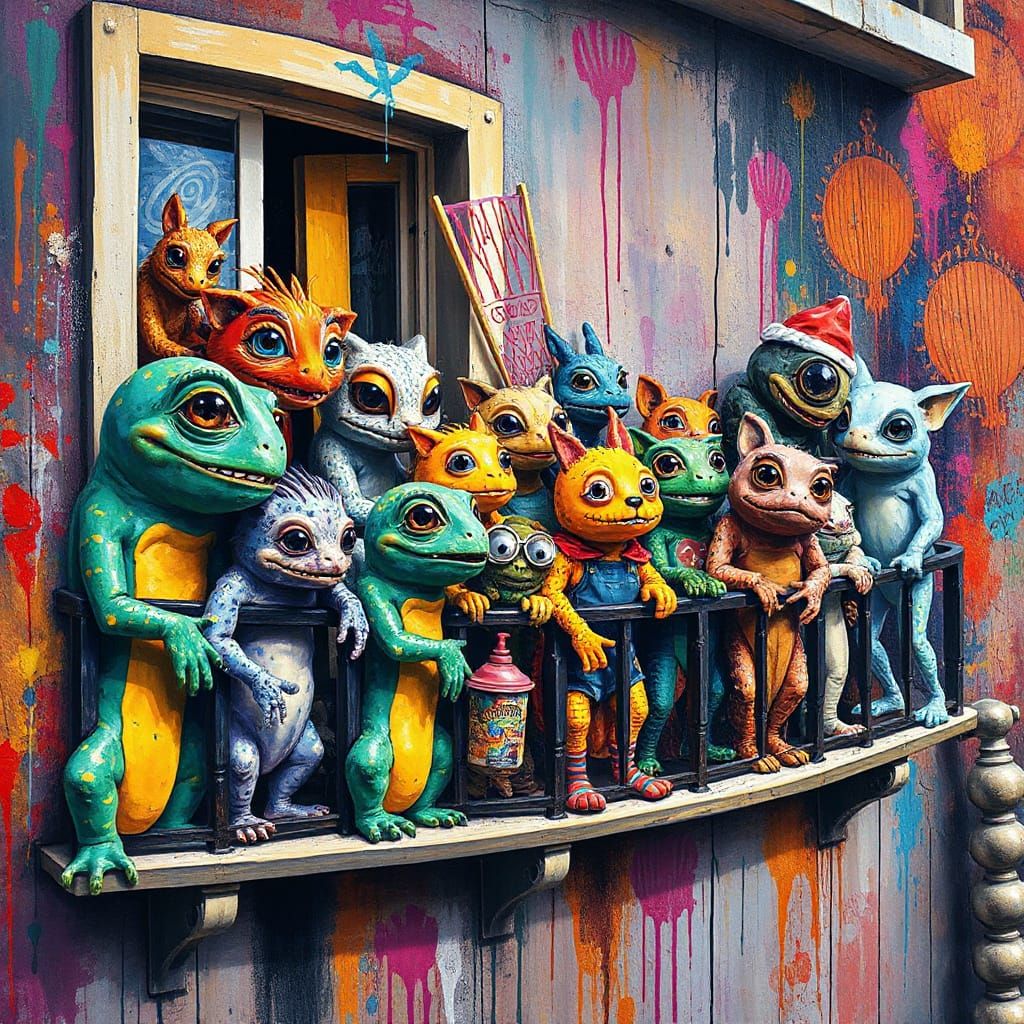 Whimsical Creatures on a Balcony in Naive Graffiti Style