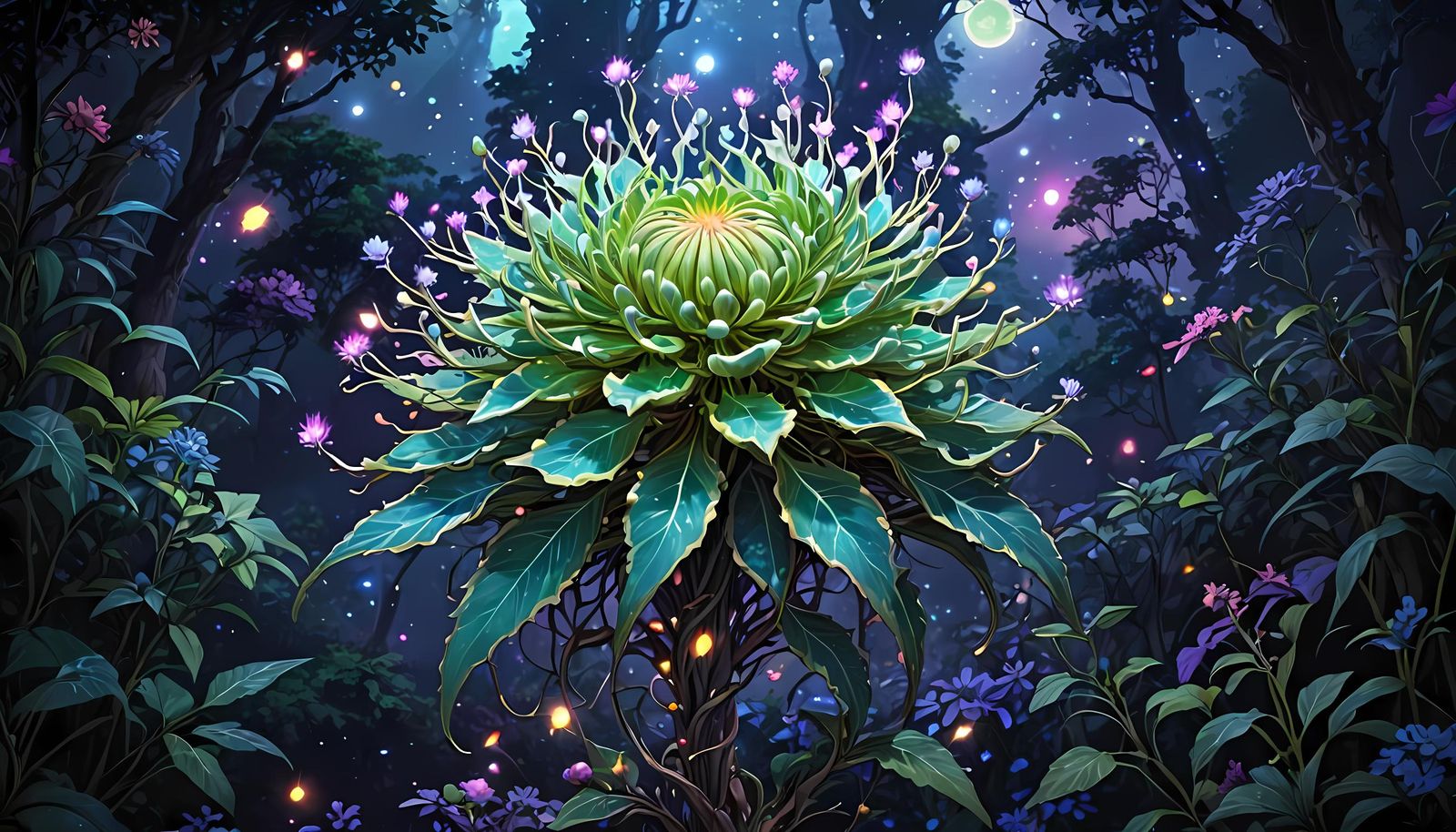 Anime Style Magical Plant with Iridescent Pollen
