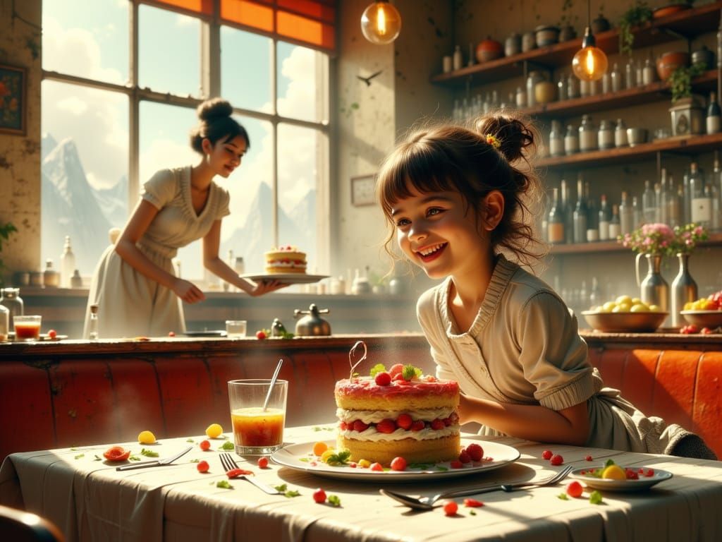 Waitress Serves Joyful Child a Cheery Cake in Bistro