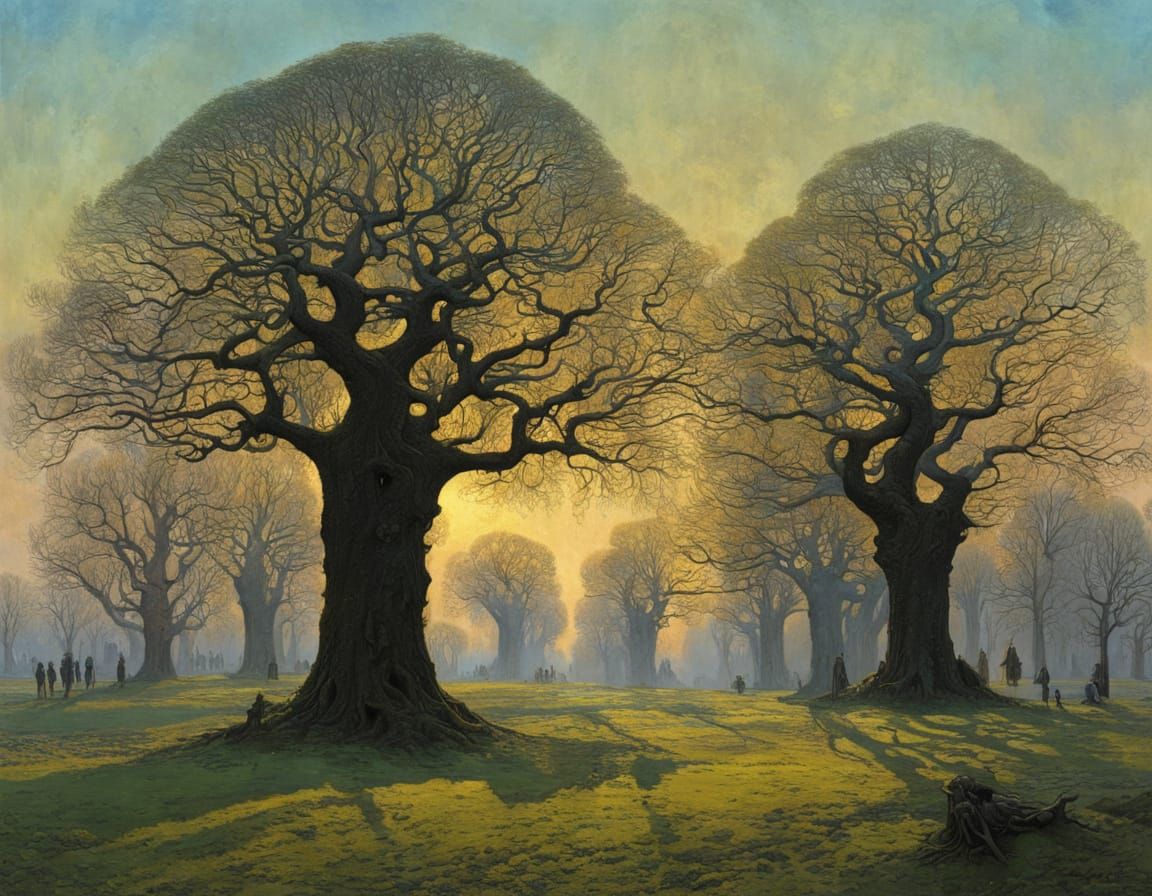 Surreal City Park in Springtime with Ancient Trees