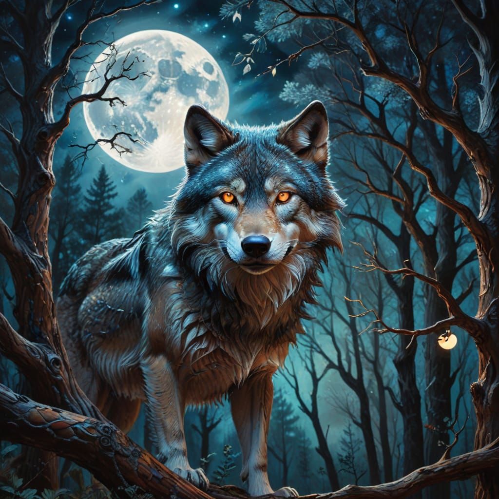 Surreal Wolf in Moonlit Forest Oil Painting