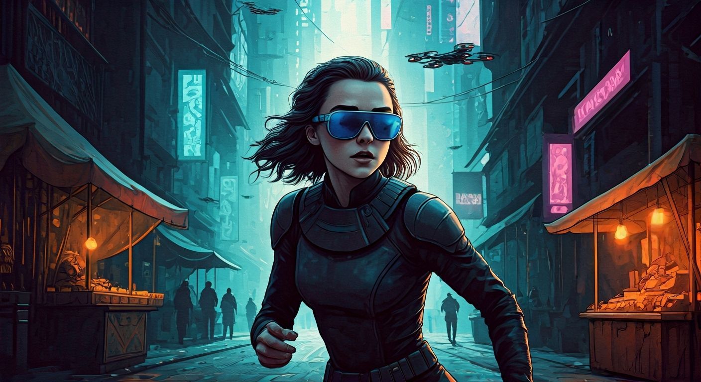 Cyberpunk Chase: Ashildr in a Chaotic Cityscape