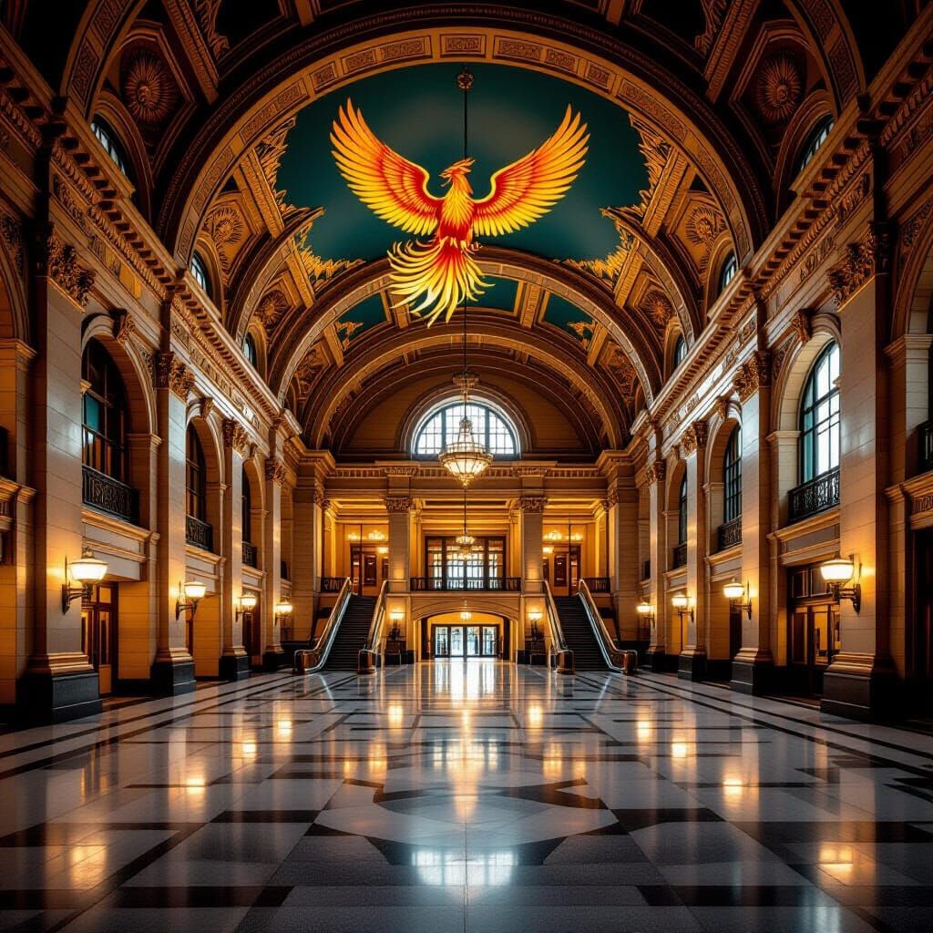 Opulent Minimalist Train Station Hall with Phoenix Motif