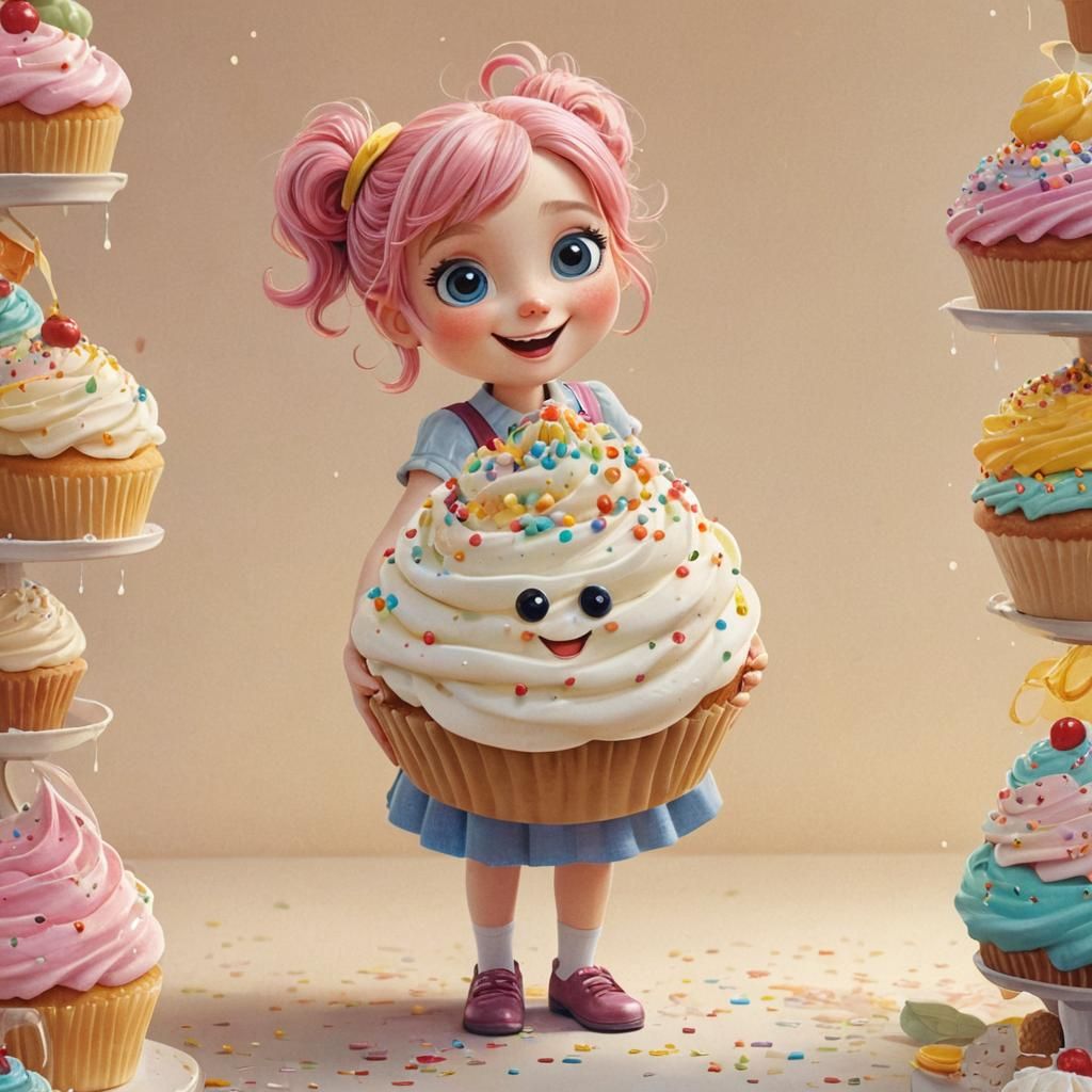 Cartoon Character Hugging Cupcake in Whimsical Illustration