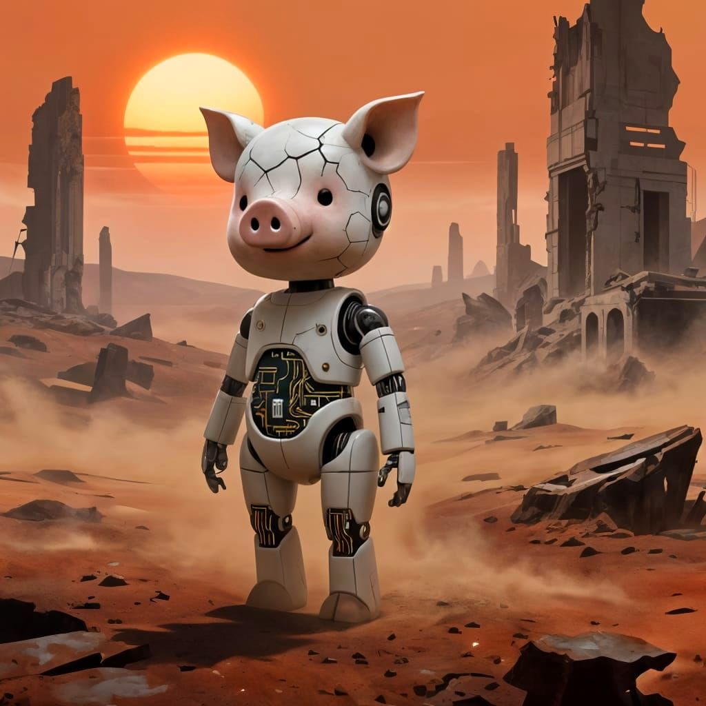 Android Pig Doll on Desolate Planet at Binary Sunset