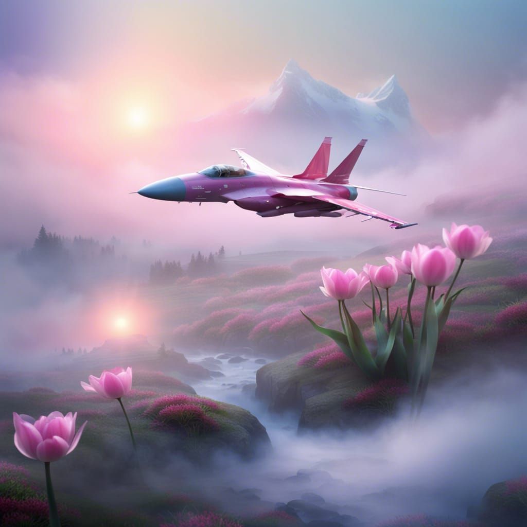 Panorama with fighter jet and flowers