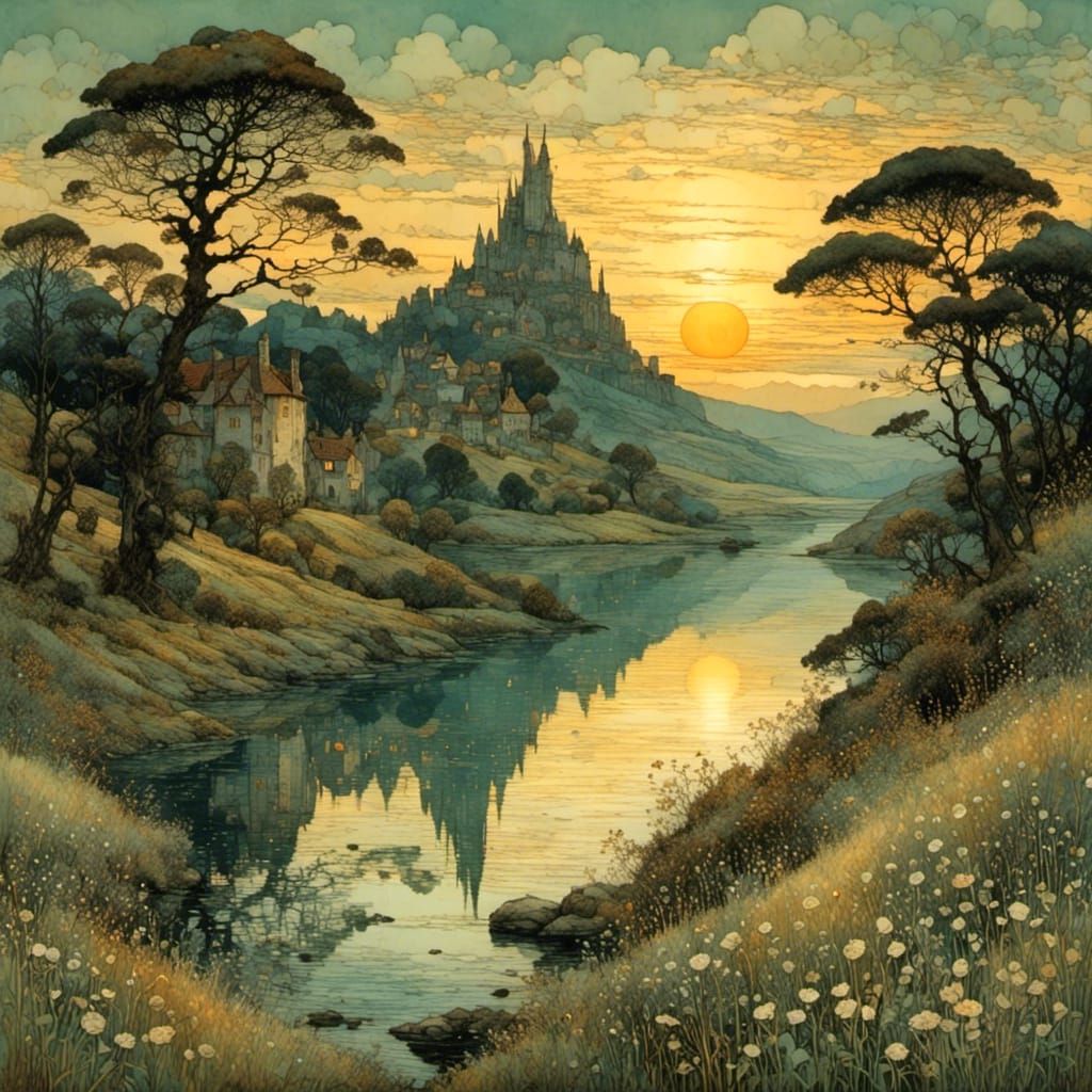 Golden Sunset Reflected in Water, Painterly Style