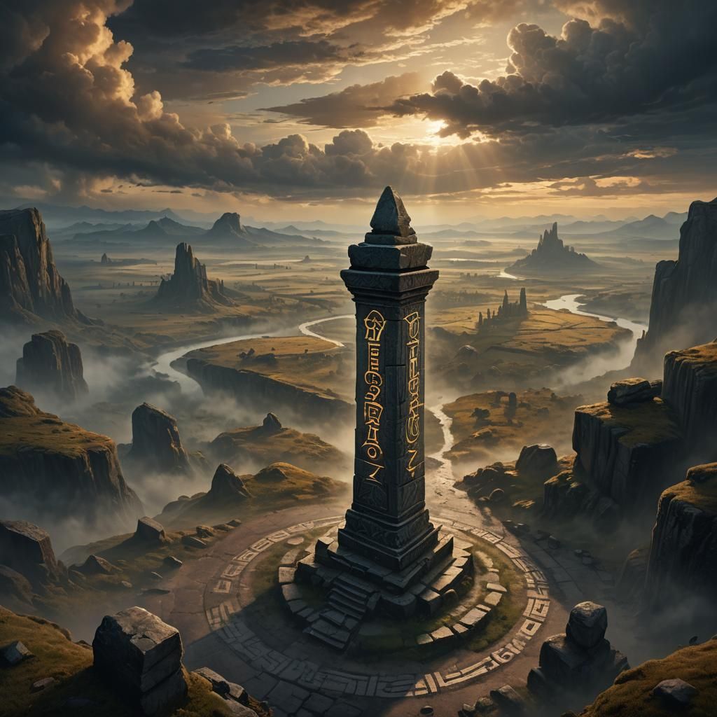 Mystical Crossroads Pillar in Fantasy Landscape Art