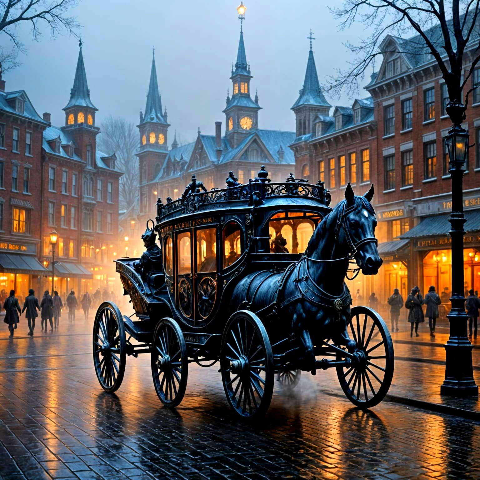 Ethereal Horse and Buggy in Whimsical Town Square