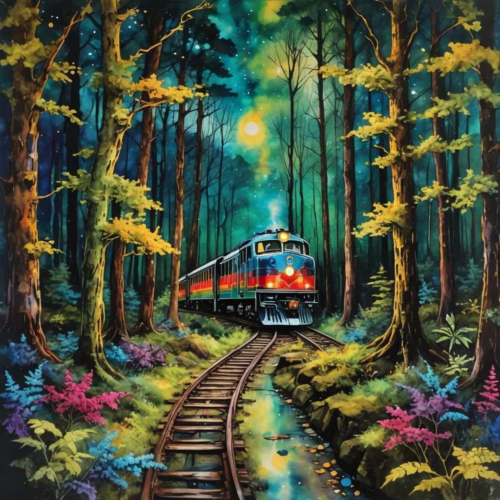 Starlight Express Train on Forest Trail in Alcohol Ink