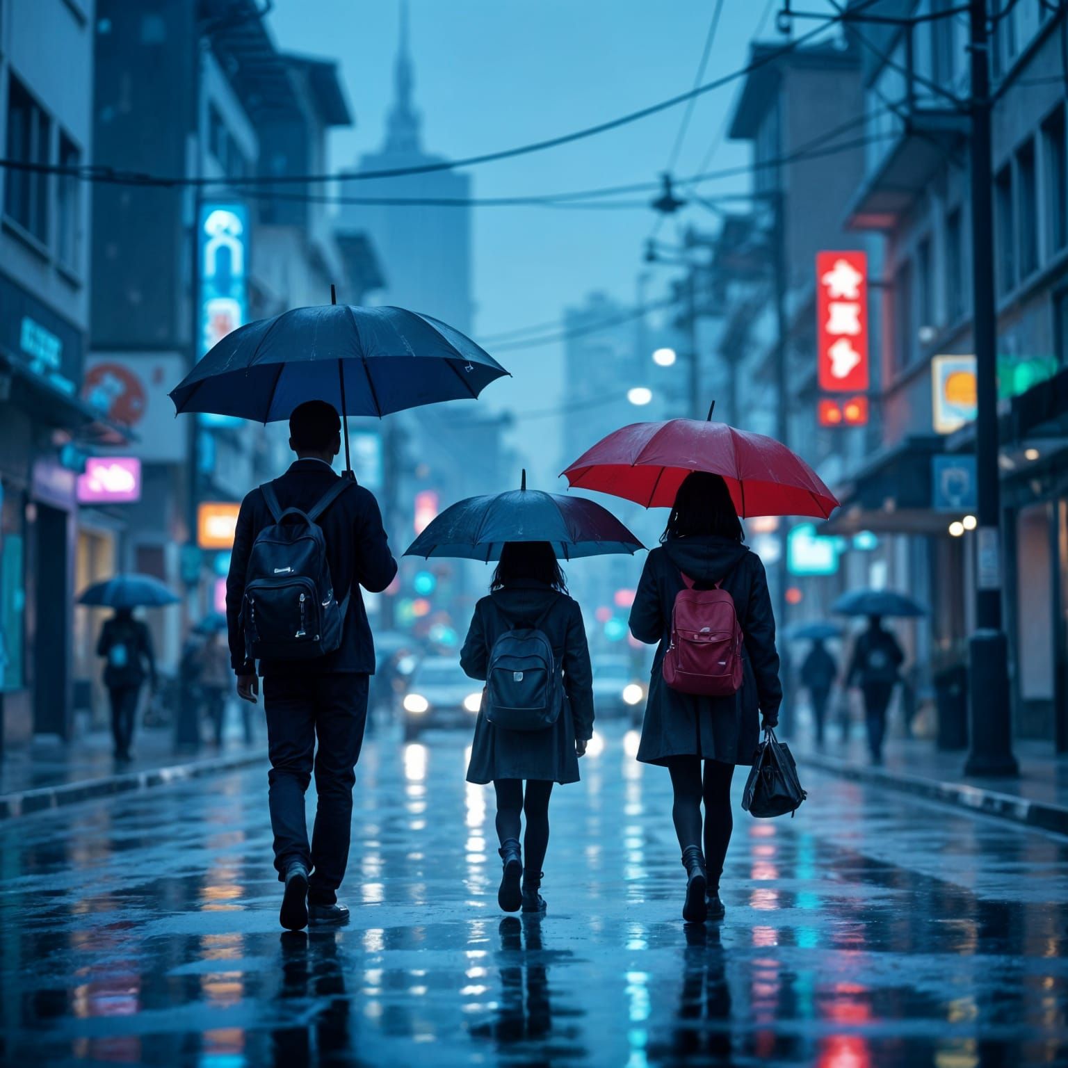 Cyberpunk City Morning: African Students Go To School