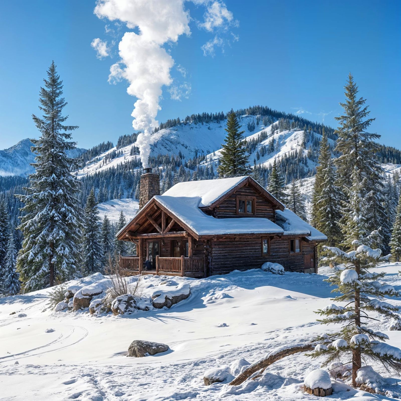 Snowy Mountain Cabin with Smoke