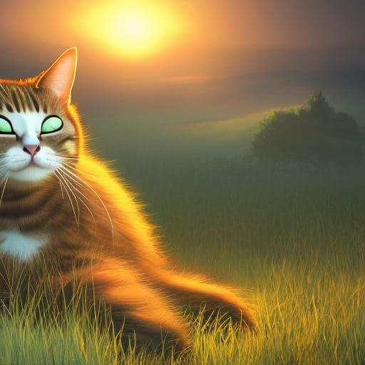 Cat Sleeping in Meadow: Detailed Fantasy Art