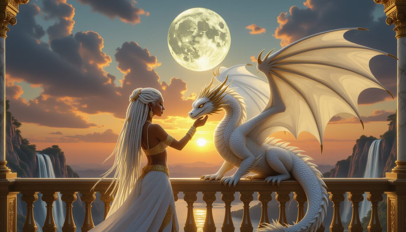 Woman and Dragon at Golden Palace at Sunset