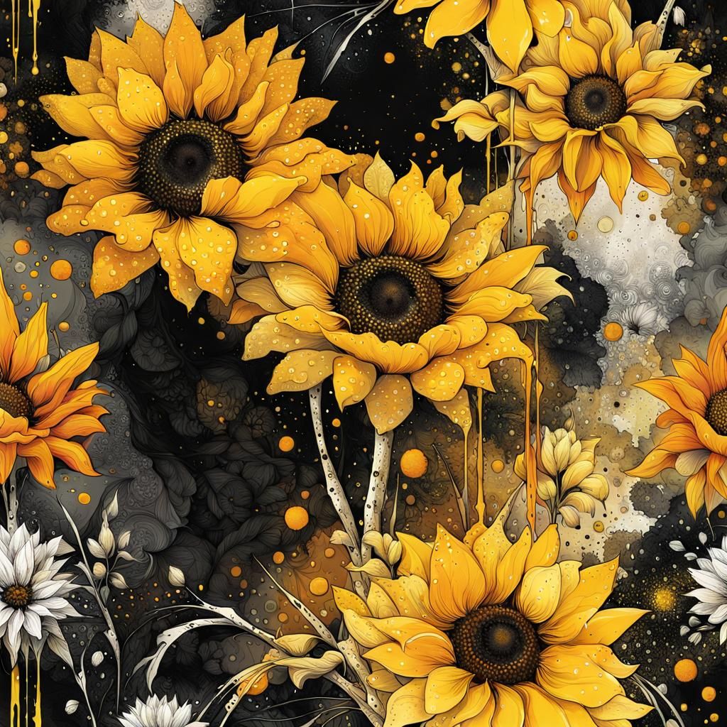 Golden Sunflowers in Pointillist Style