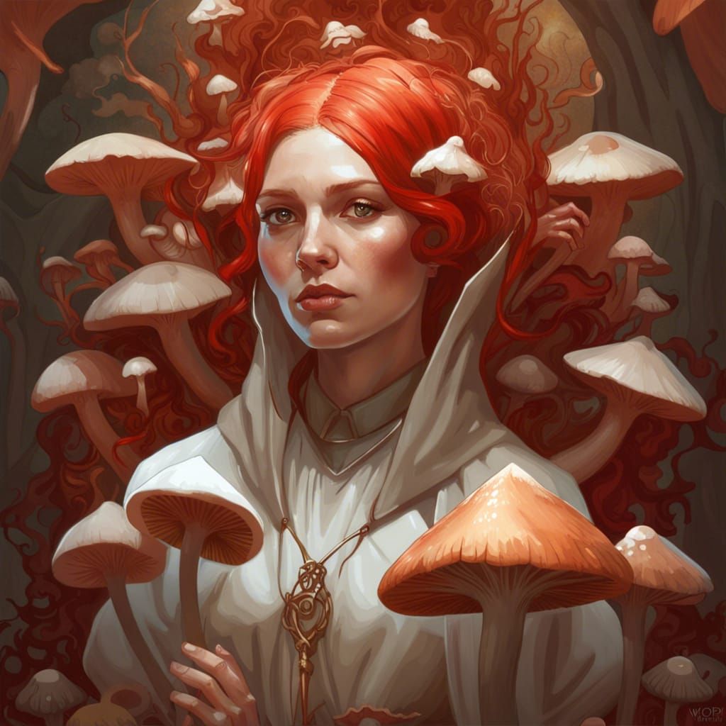 Red Haired Nun Surrounded by Mushrooms