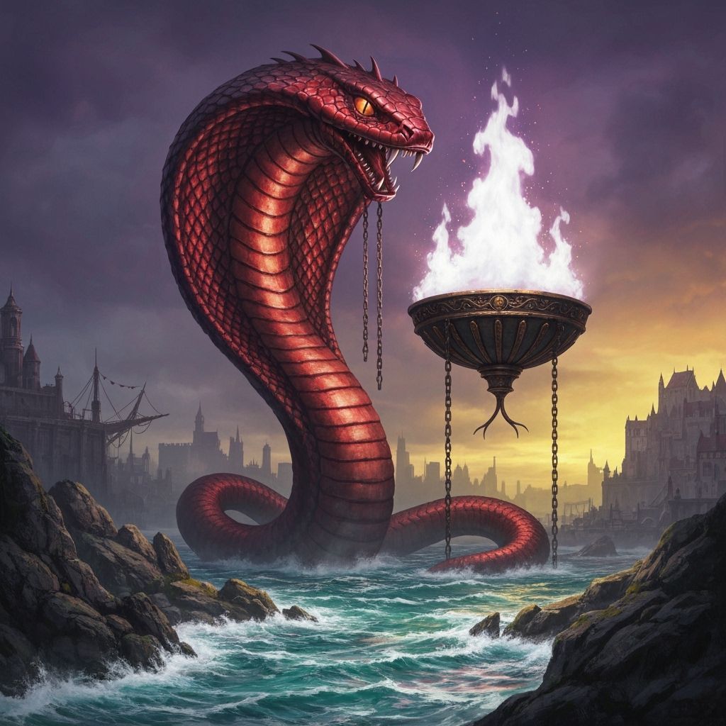 Colossal Cobra Tower Spewing Fire in Dark Fantasy Art