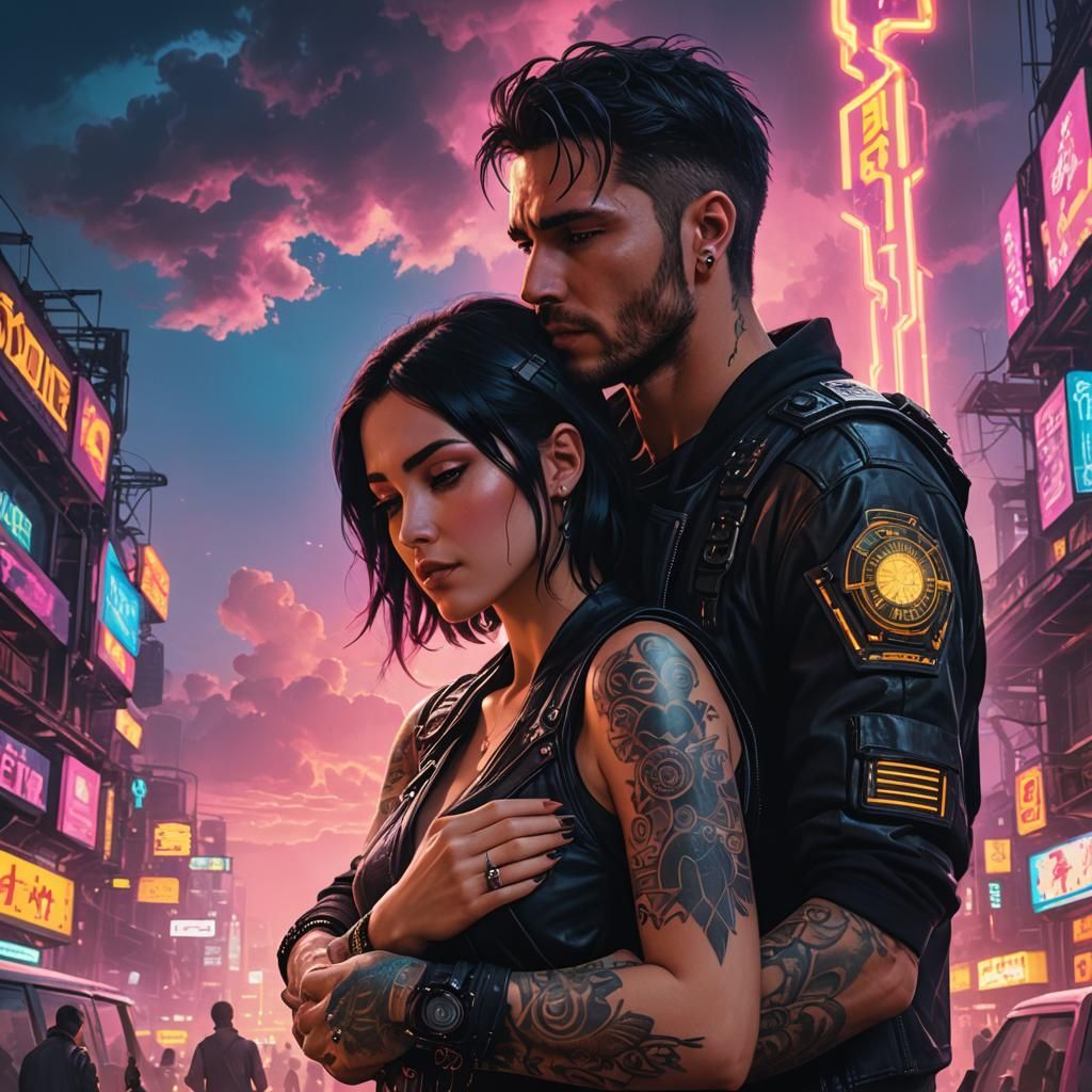 Woman Embracing Man in Synthwave Cyberpunk Style