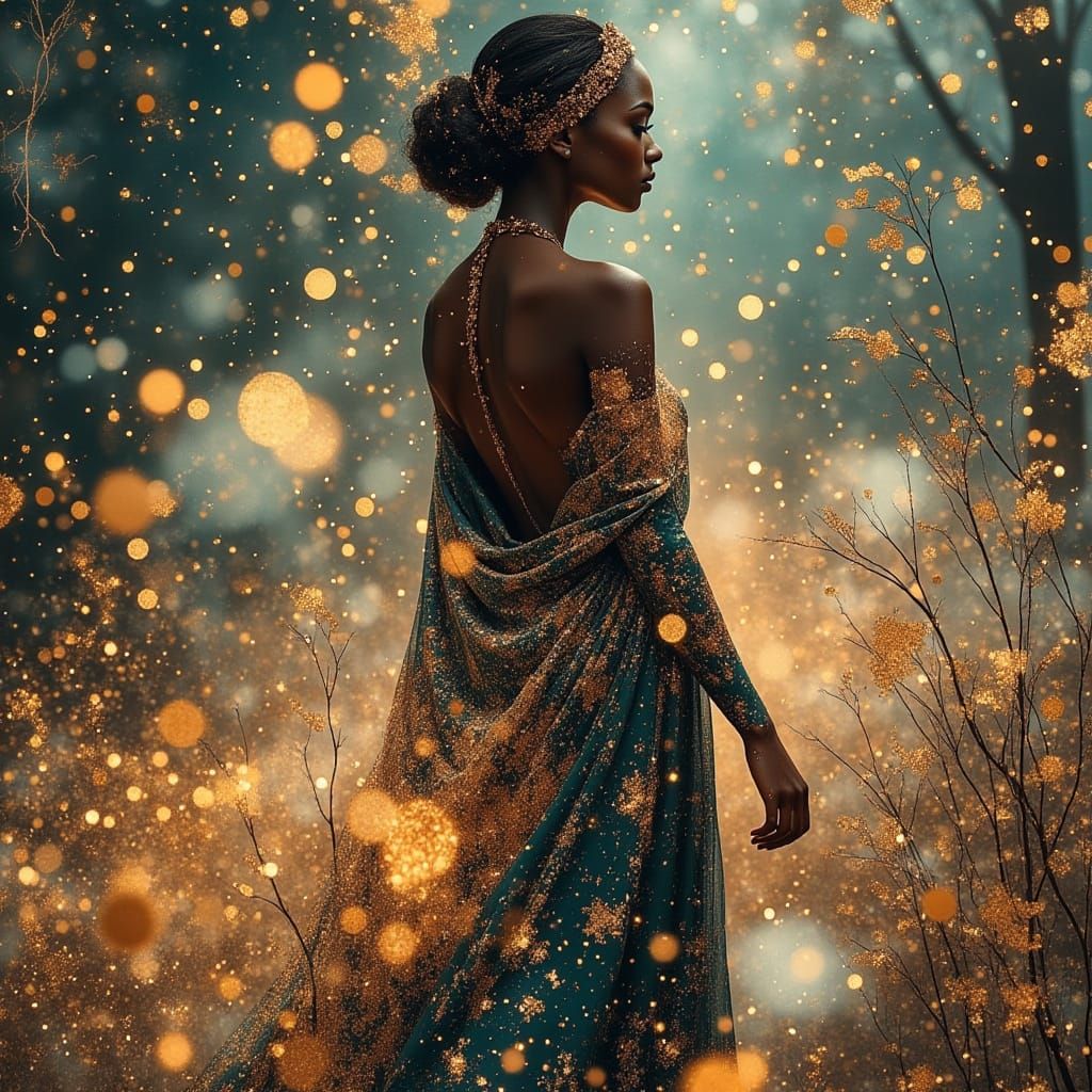 Celestial Woman in Iridescent Garden, Vogue-Inspired