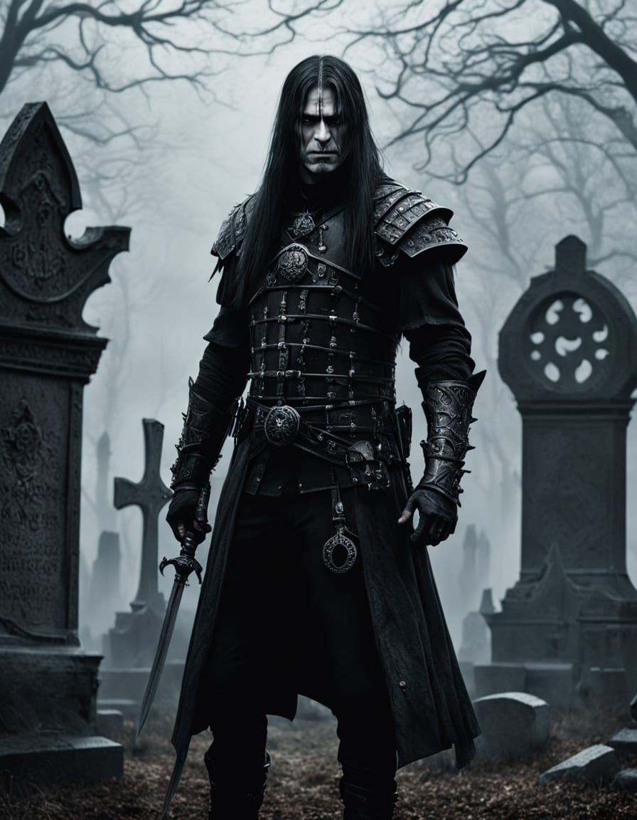 Ethereal Warrior in Gothic Cemetery Dark Fantasy Art