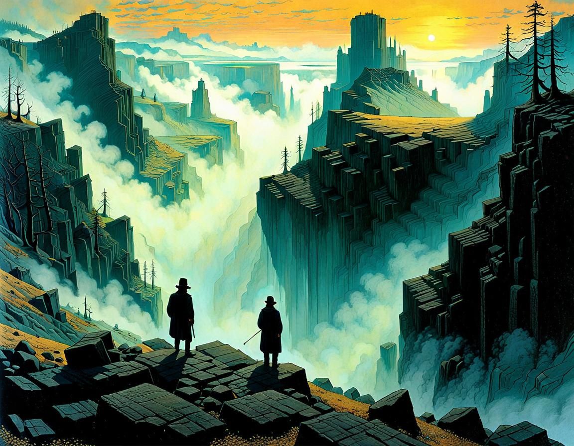 Lonely Explorer Above Basalt Lake: Surreal Quarry Scene