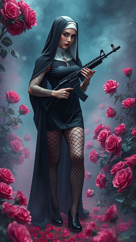 Goth Nun with AK-47 in Mystical Rose Garden