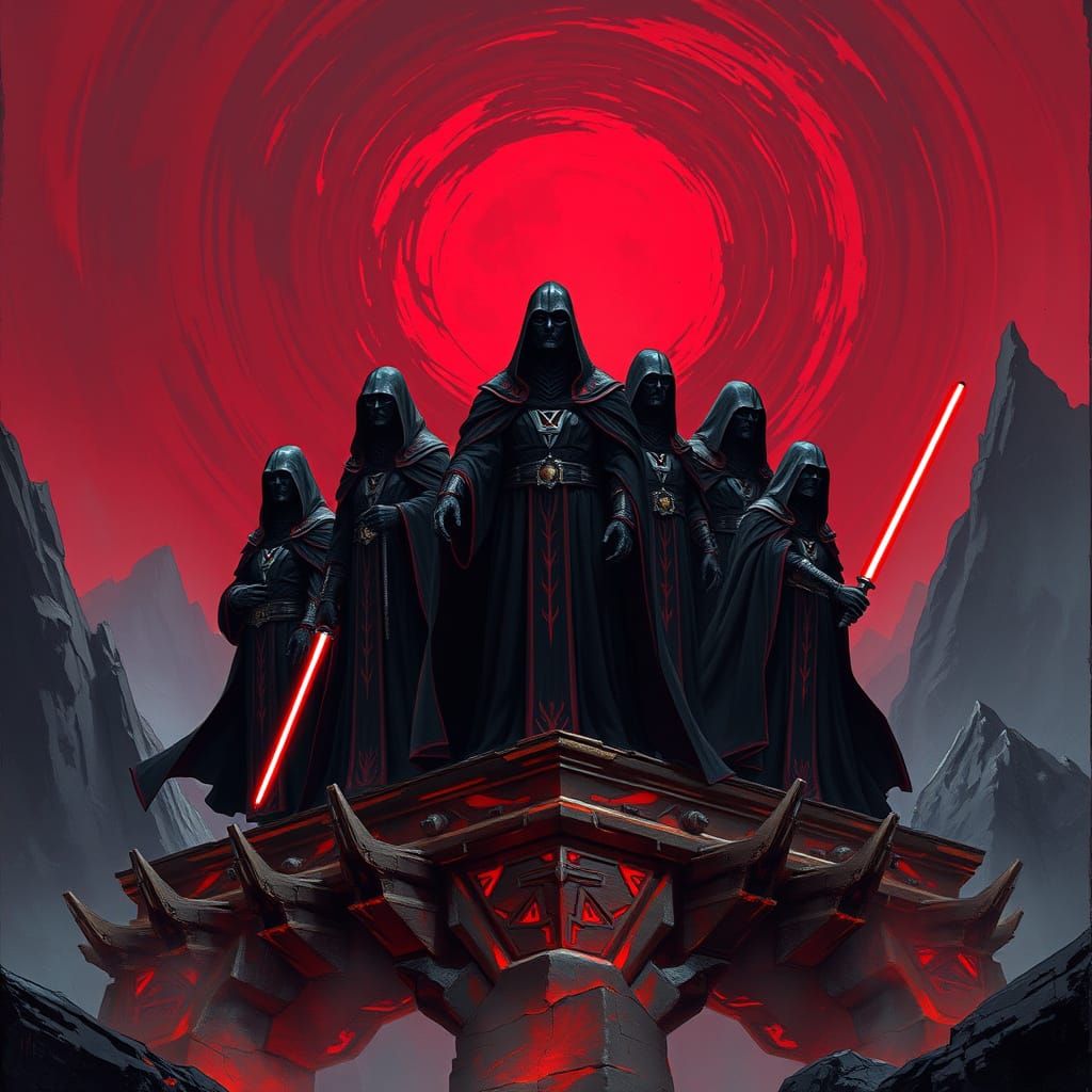 Sith Lords Confront Dark Temple in Ominous Cyberpunk Landsca...