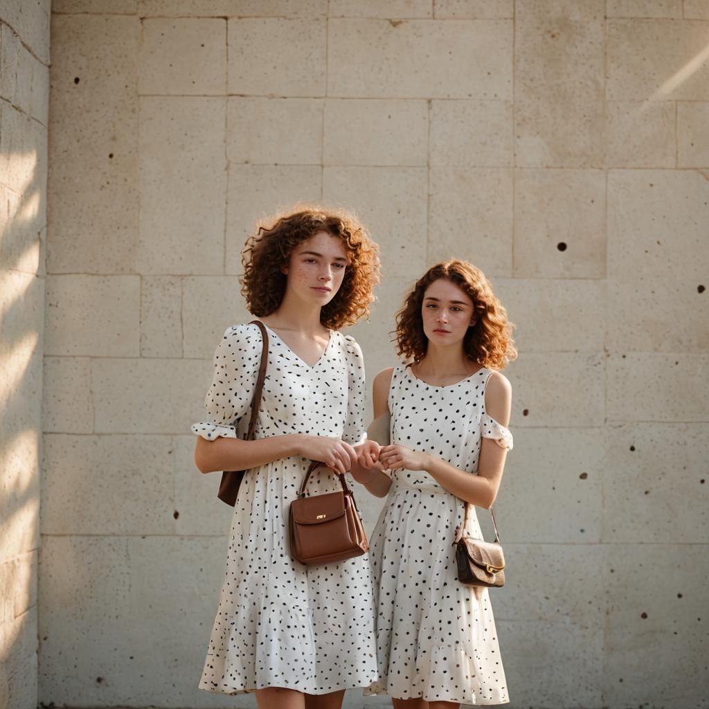 Elegant Portrait of Two Figures in Polka Dot Dresses