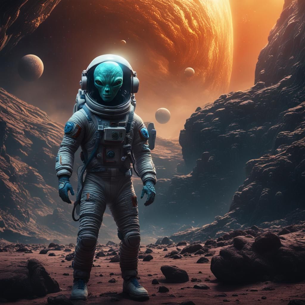 Astronaut with Alien Head: Detailed Matte Painting