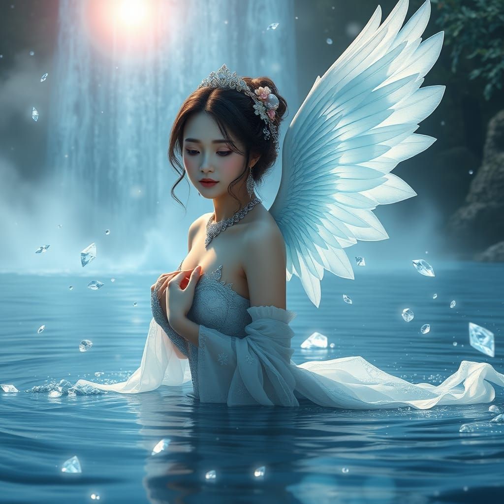 Kinnaree with Angel Wings in Diamond Waterfall