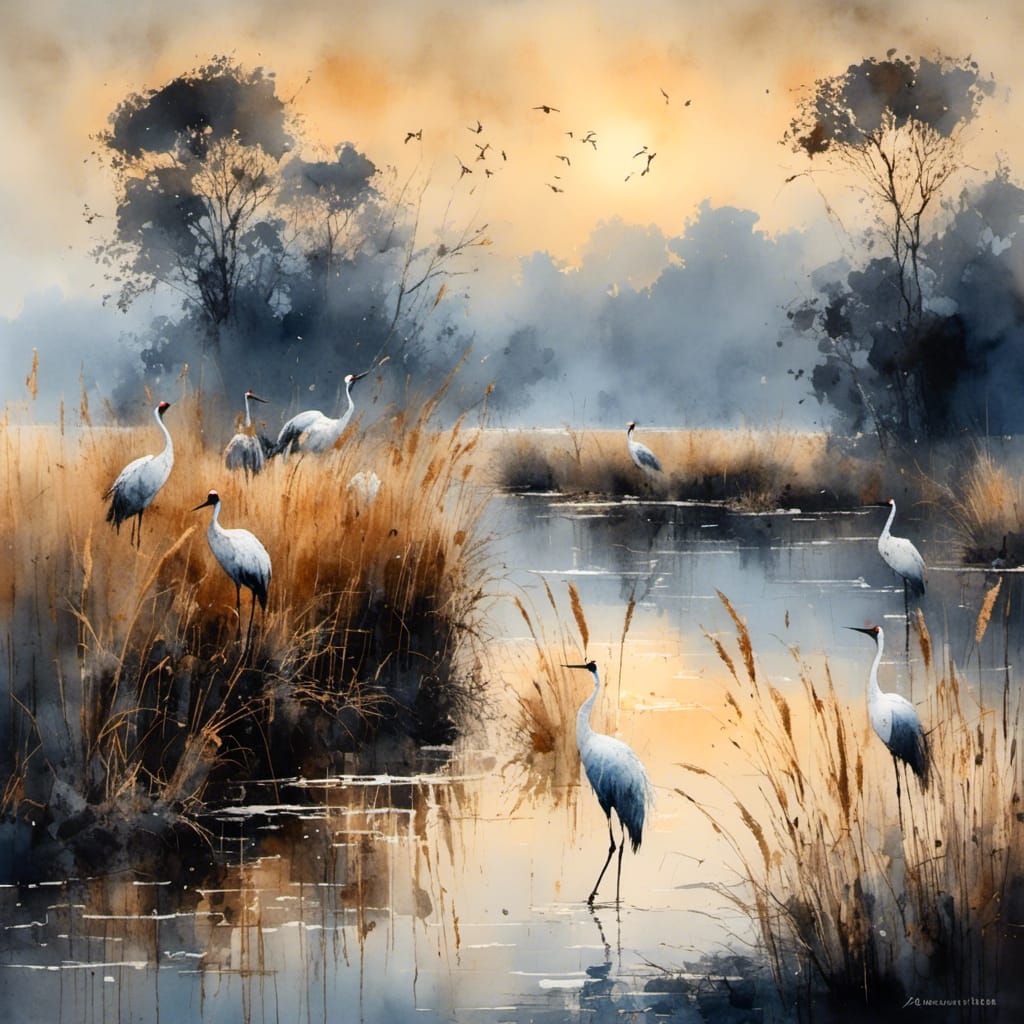 Cranes in Evening Light: Watercolor Painting