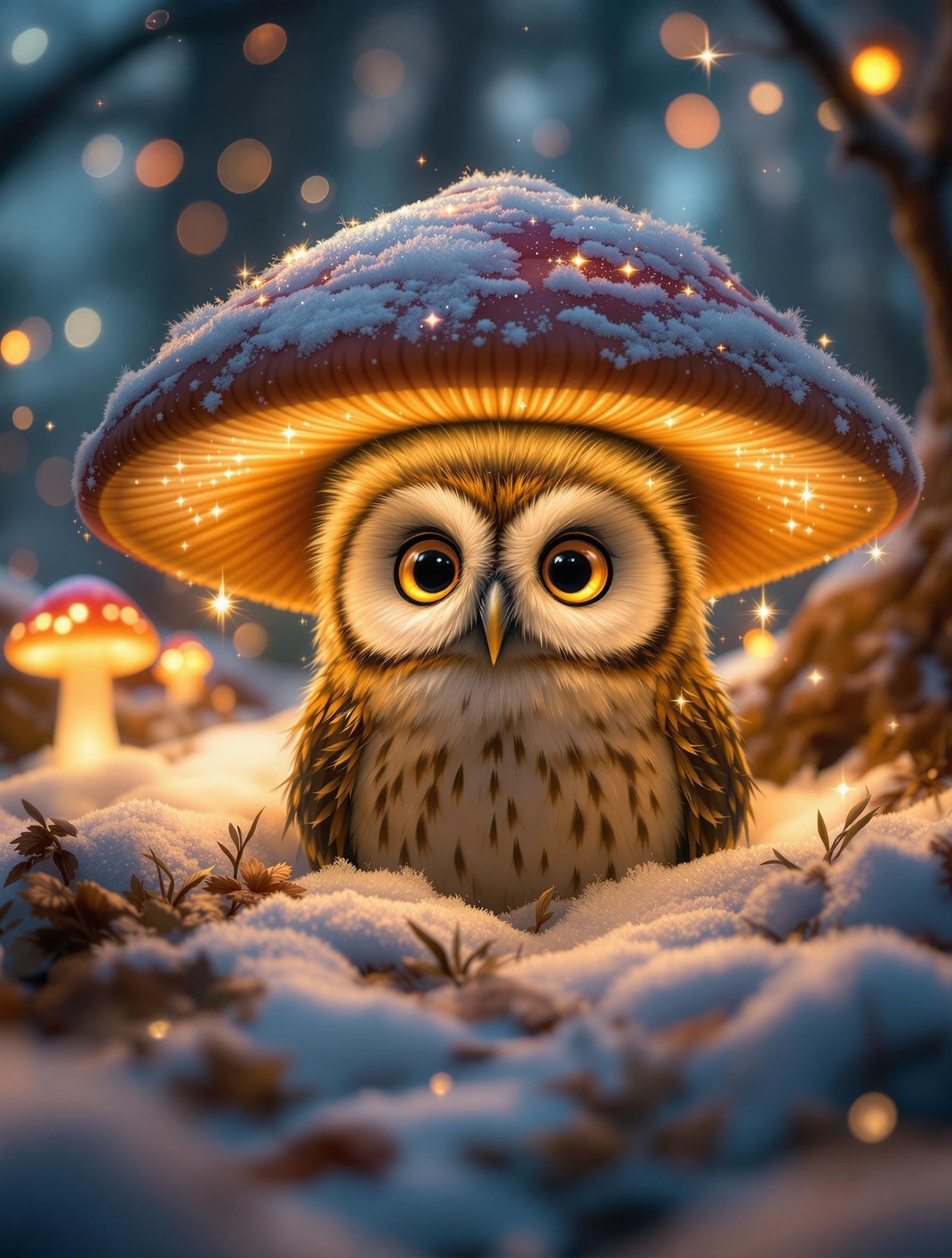Enchanted Winter Forest Scene with Owl and Glowing Mushroom