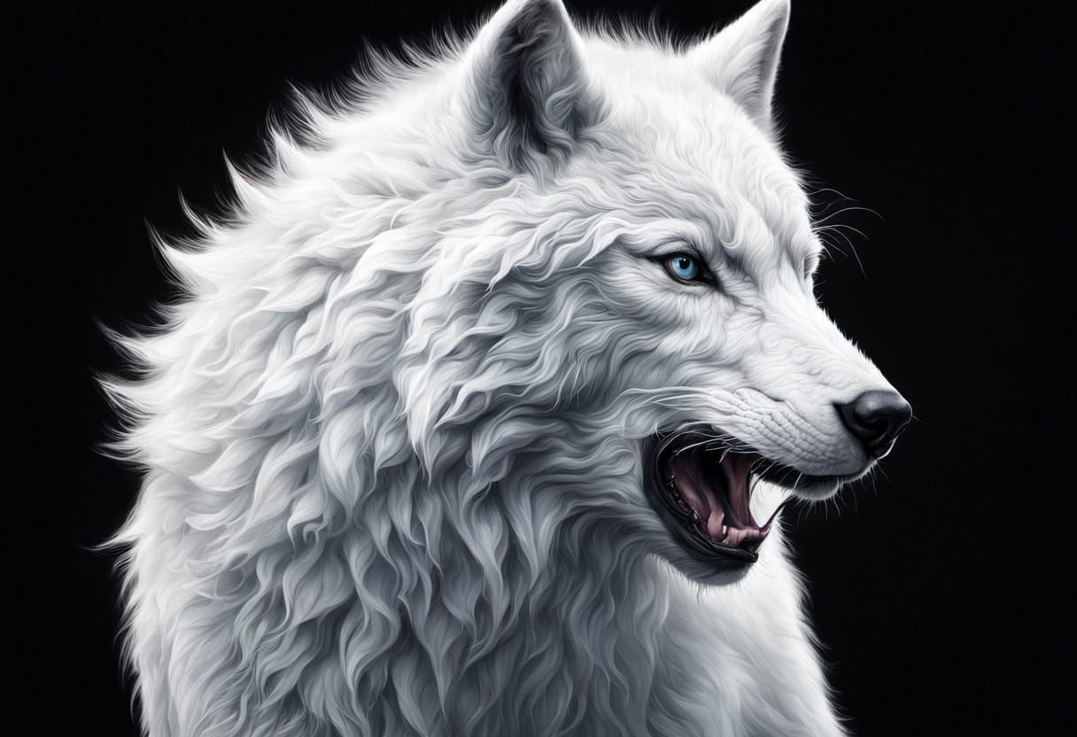 Detailed White Wolf in Fantasy Ink Drawing