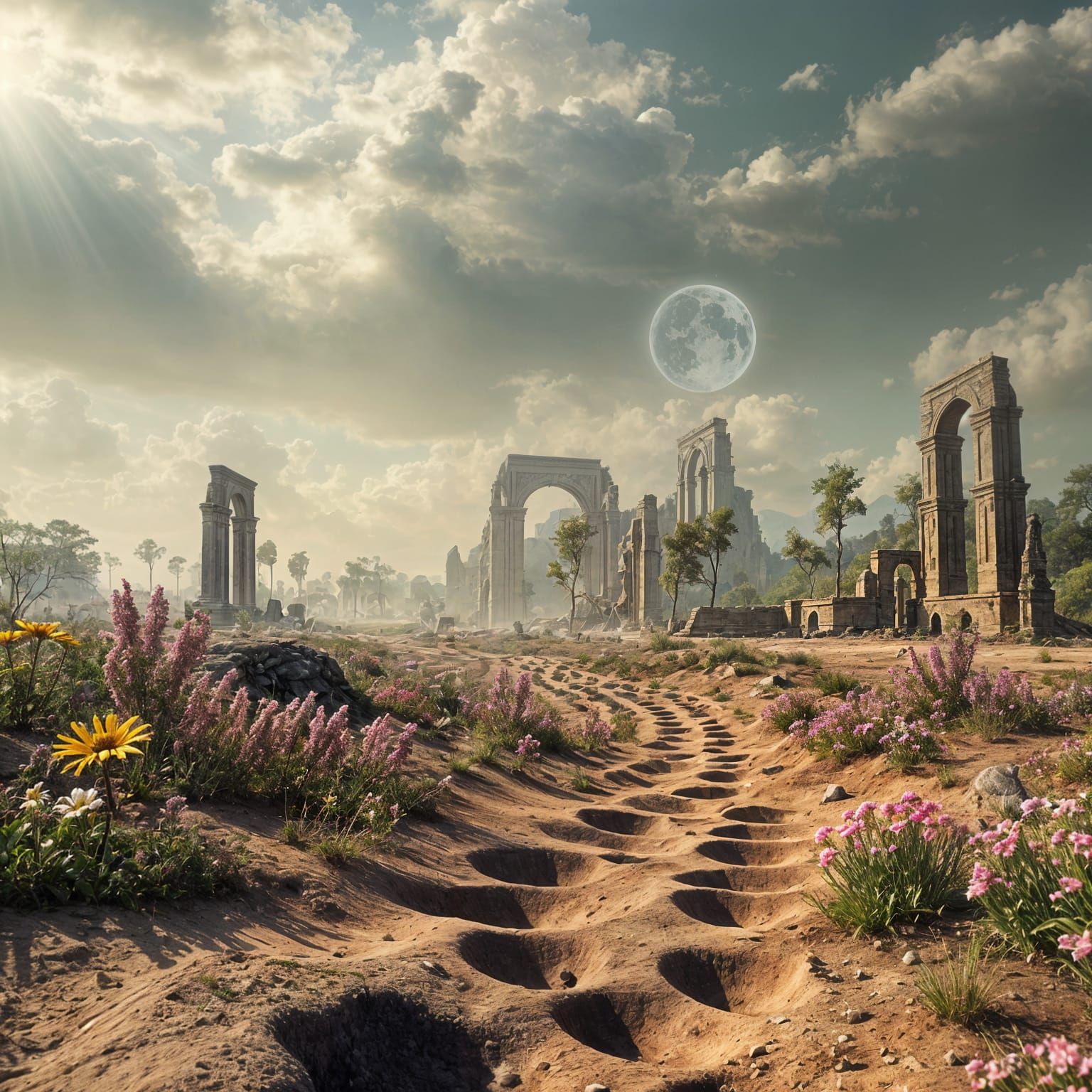 Surreal Landscape: Footprints Bloom into Flowers