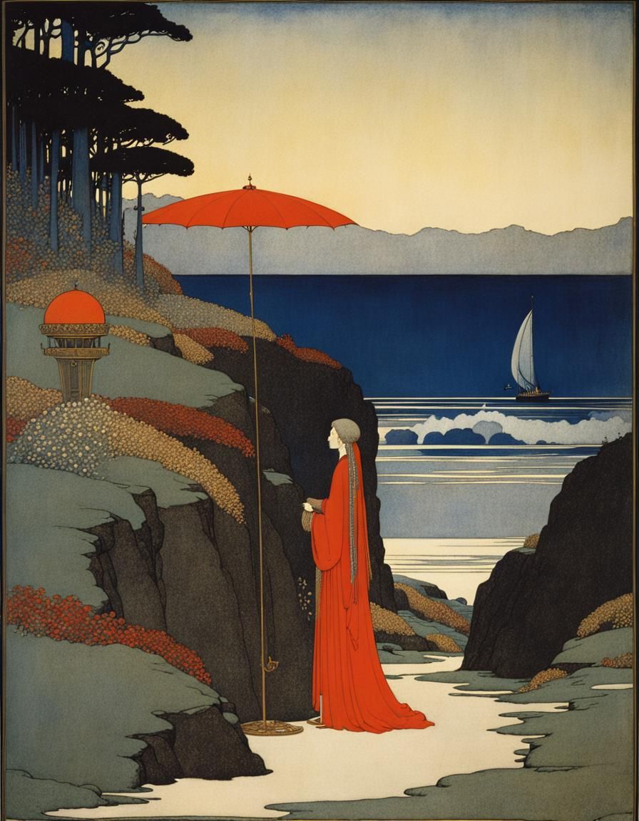 Colorful Crane on Coast, Classic Illustration Style