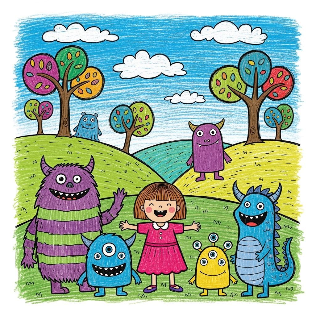 Child's Crayon Drawing: Girl Surrounded by Friendly Monsters