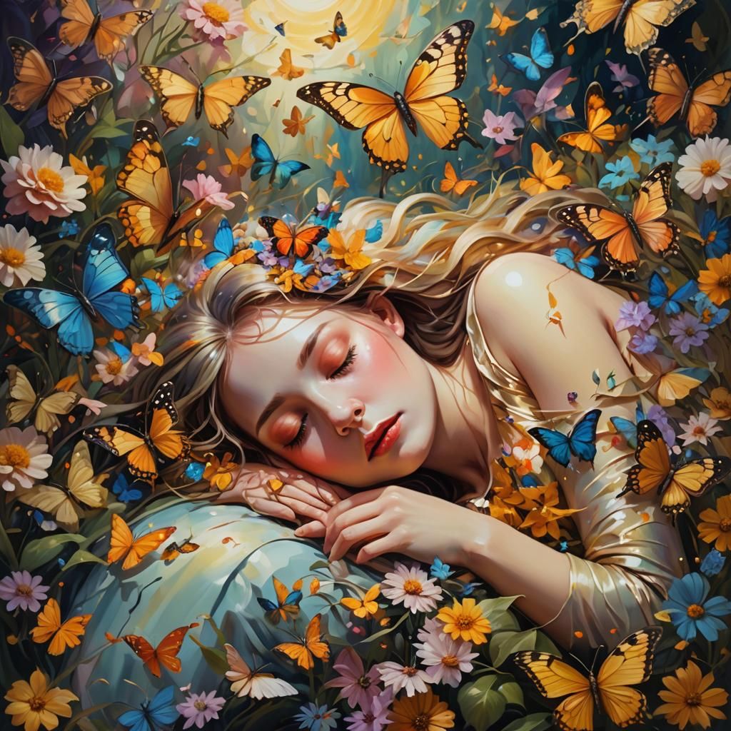 Surreal Female Monster Sleeping in a Flower Garden