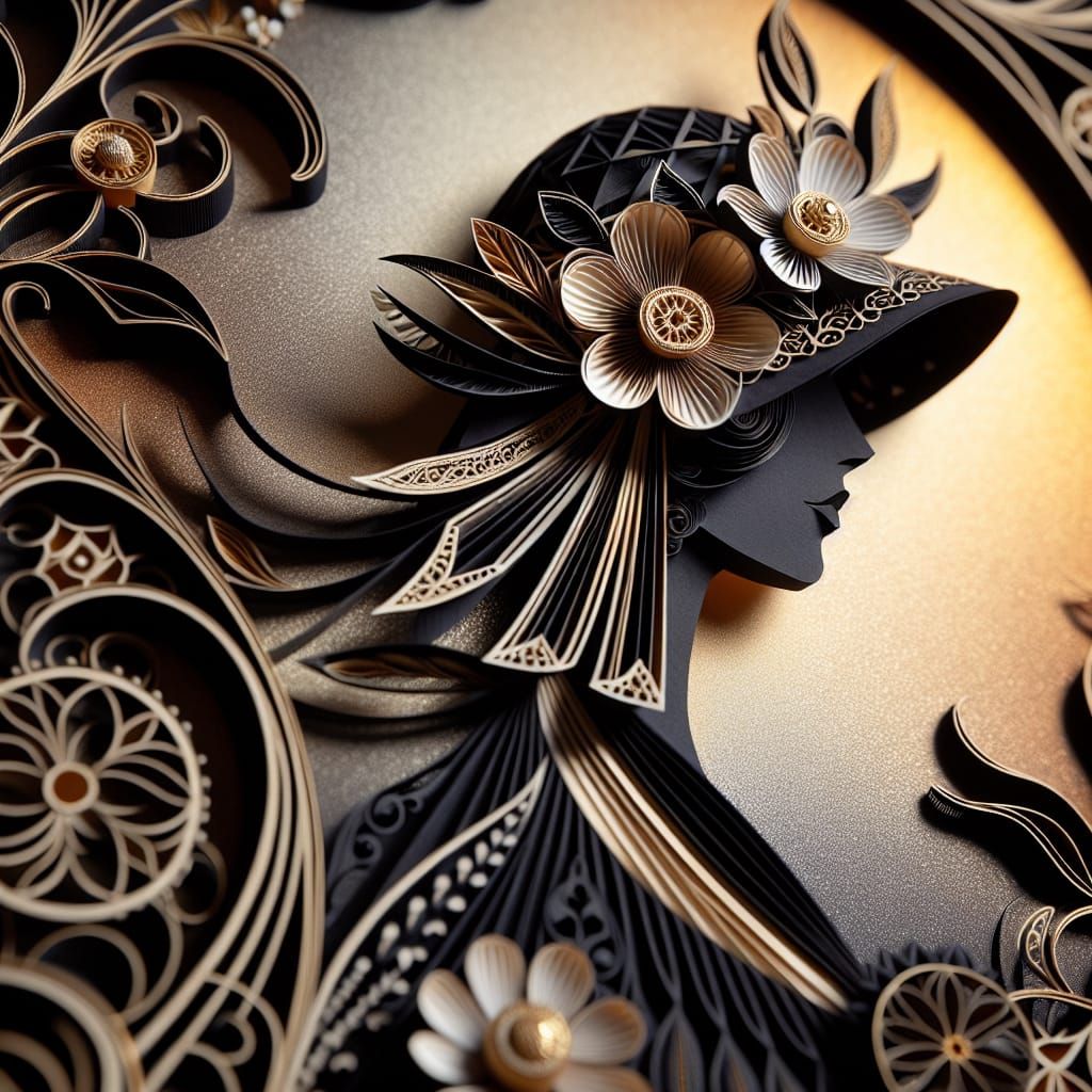 Art Deco Paper Sculpture of Woman with Flowers