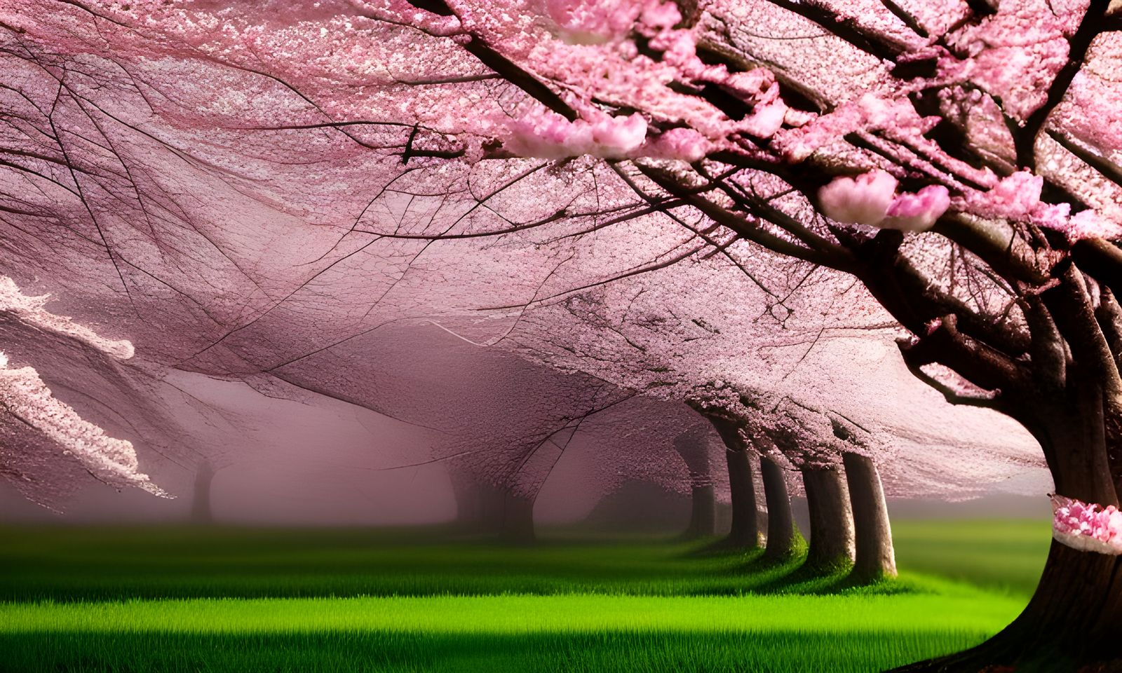 Cherry Blossom Field in Mist, Hyper-Detailed