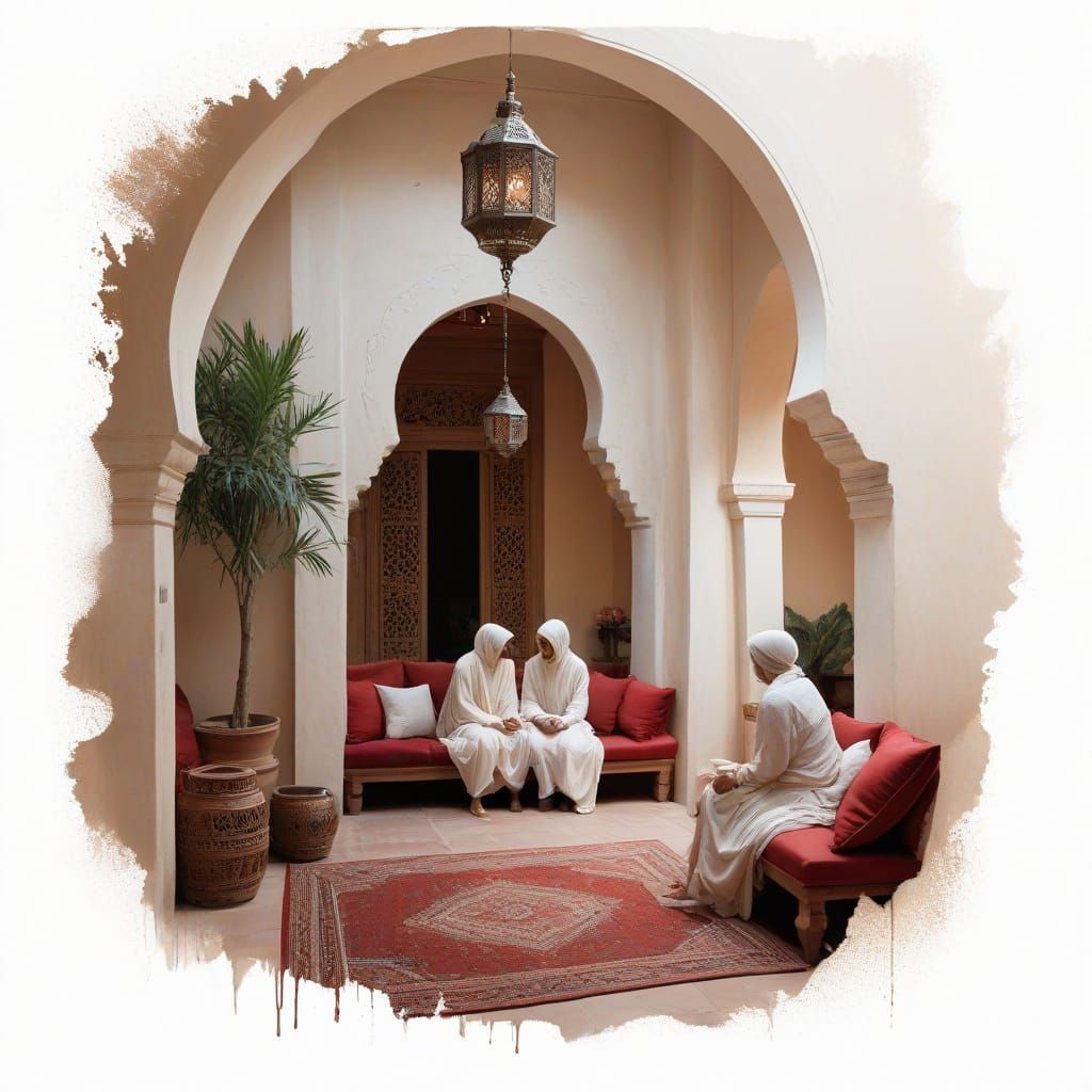 Elegant Moroccan Women in a Serene Oasis