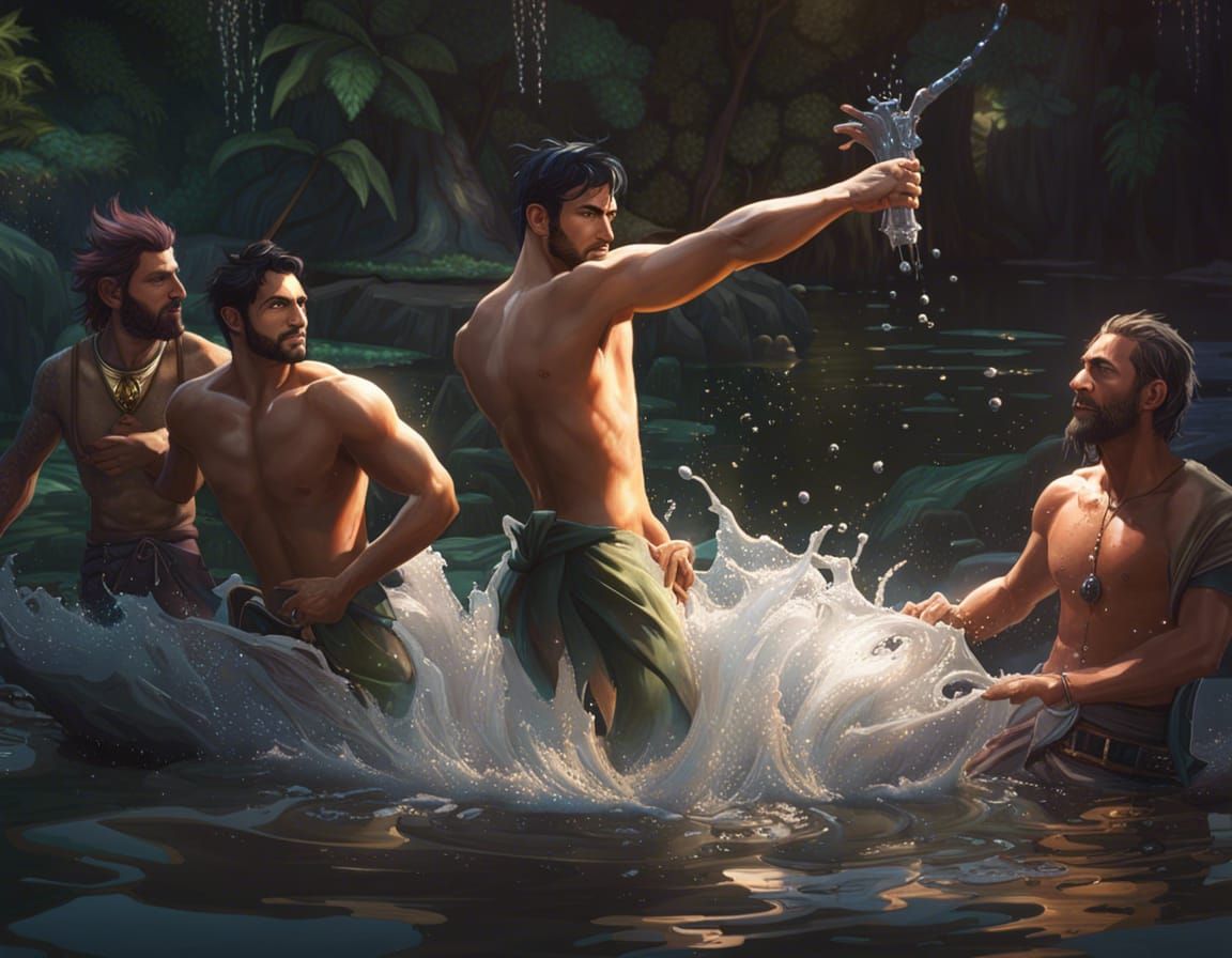 Men Splashing in Pond: Hyperdetailed Portrait