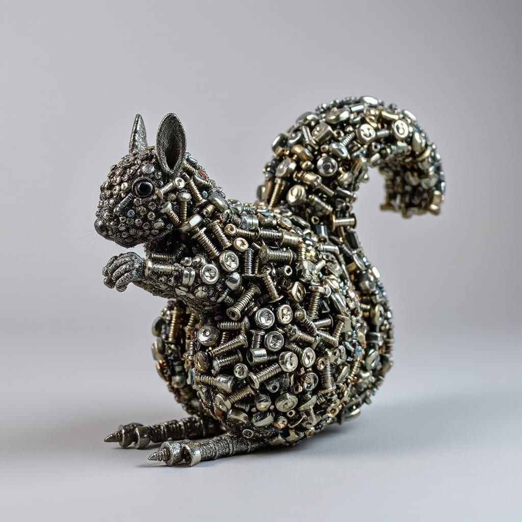 Detailed Mosaic Squirrel Sculpture Made of Screws and Bolts