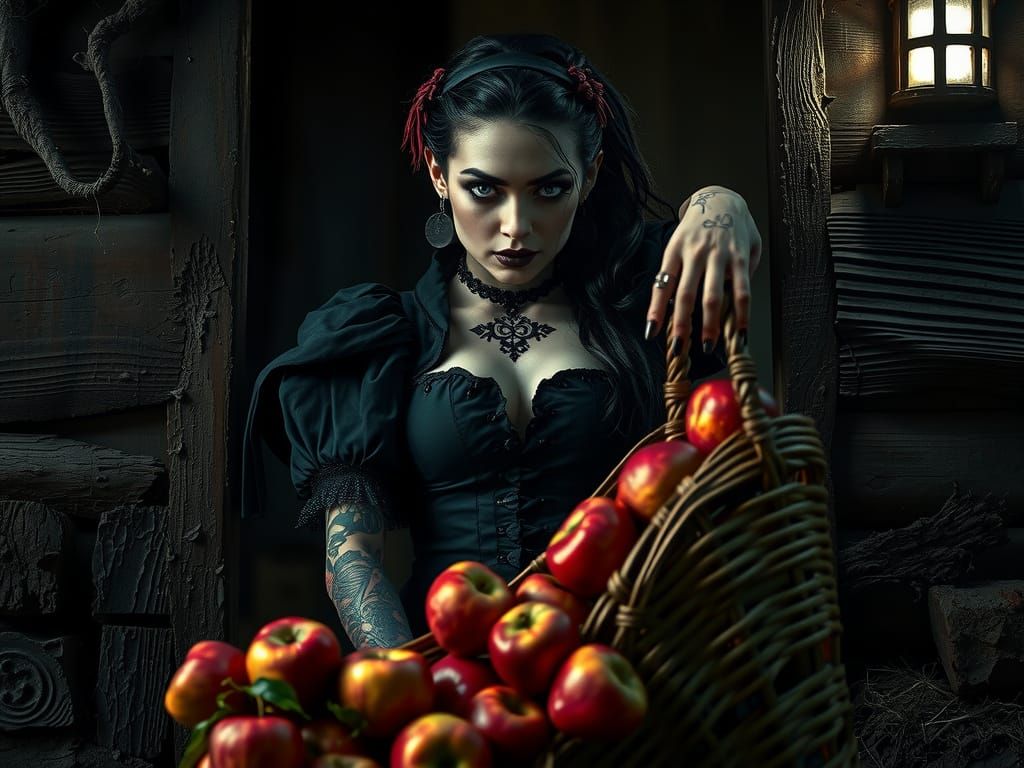 Dark Victorian Snow White in Macabre Attire Stands in Doorwa...